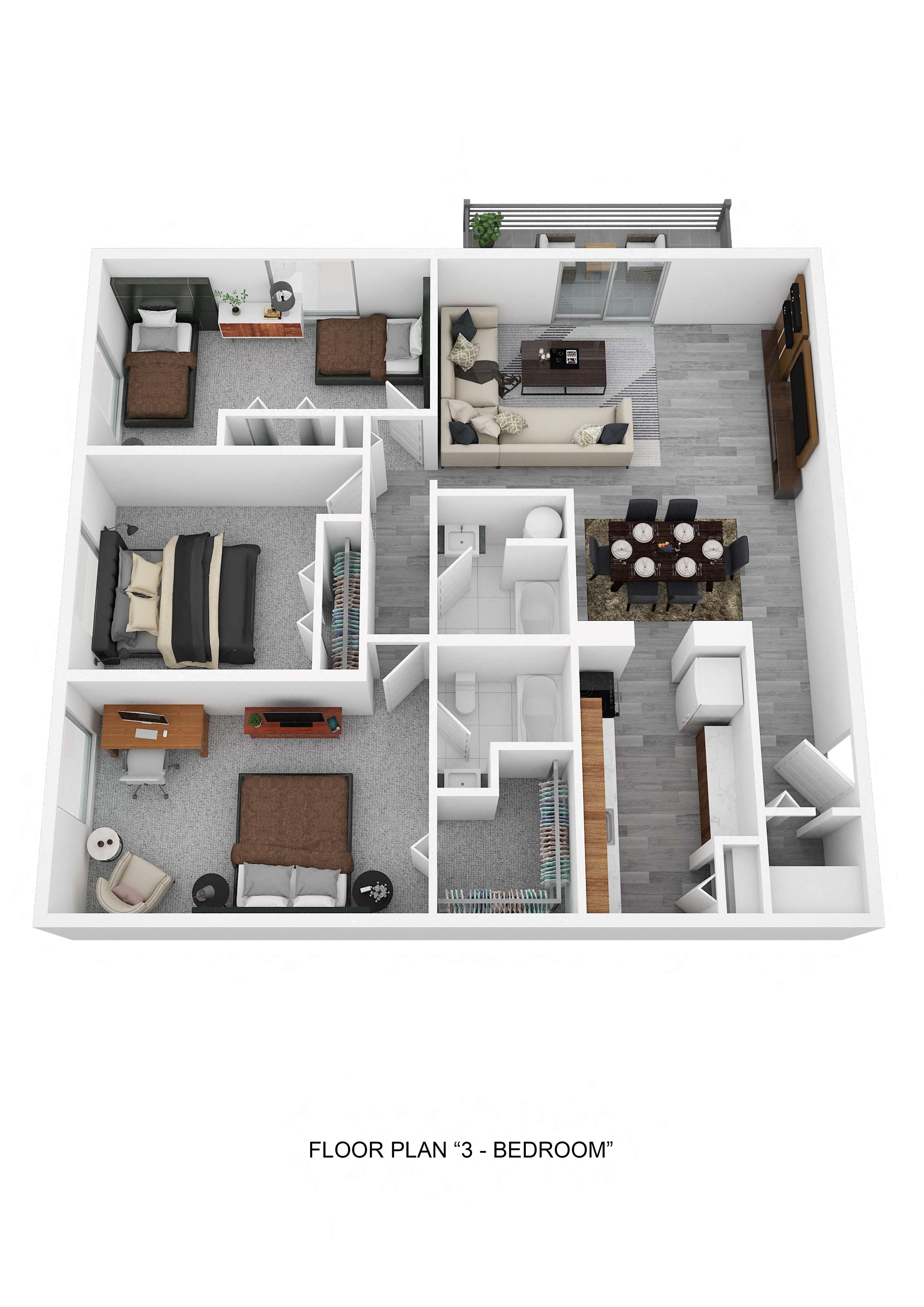 Floor plan for 3 beds, 2 baths, 1300 sqft